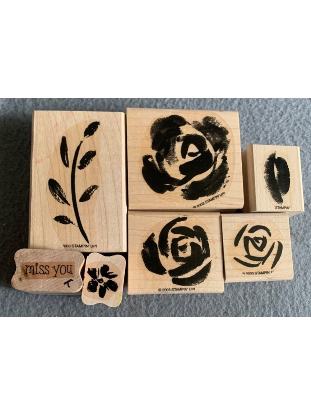 Stampin Up 2003 Wooden Rubber Stamp Set Floral & Miss You Design